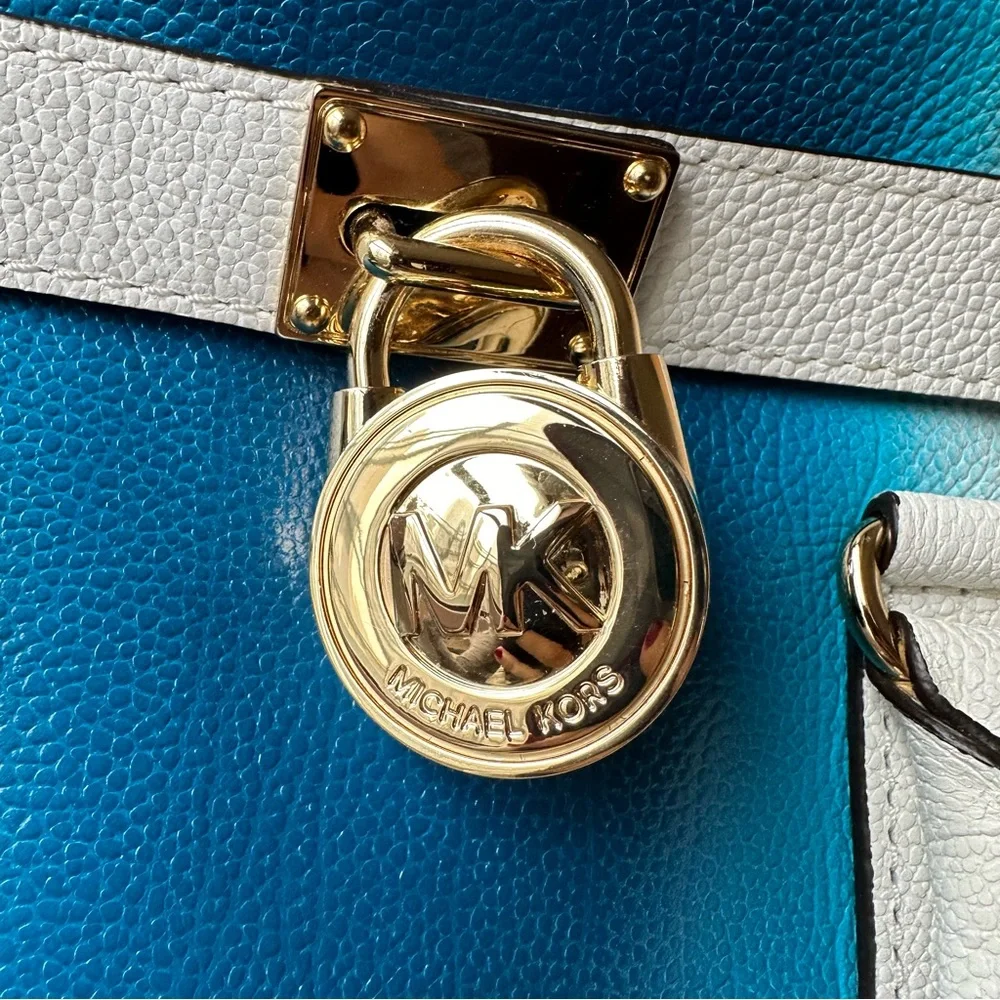 MICHAEL KORS Hamilton Spray Large Pebble Leather Tote Bag White/Blue
